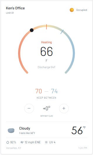 MyZone tenant comfort card showing the current heating setpoint, the manager-set keep-between range, and a small temperature offset control.