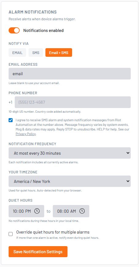 Riot Automation notification settings screen showing the mobile number field and the SMS consent checkbox a user must check to receive text messages.